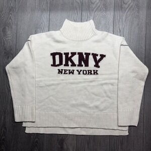 DKNY Jeans Womens Mock Neck Logo Sweater Cream Burgundy Knit Size Medium